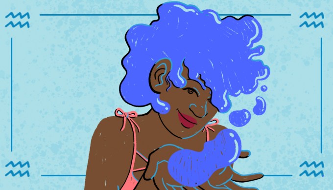 Cheeky image of a Black woman with blue hair on a light blue background. She's holding blue water in her palms, which is bubbling up and taking shape as her hair.