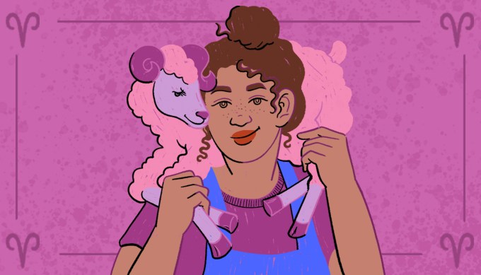 Cheeky illustrations of a girl of color in a purple shirt and overalls with a baby ram over her shoulders. She is smiling and so is the ram. The overall color is purple—purple background, pink ram with purple horns and the girls is wearing a purple shirt. Her hair is in a messy bun.