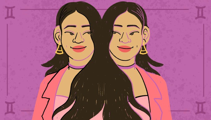 Cheeky illustration of identical twins with long dark hair and a statement earrings back-to-back, smirking at each other.