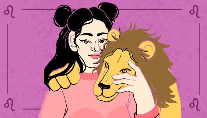Cheeky illustration of a woman of Asian-descent wearing a sheer coral top with her hair half-up in pigtail puns, the rest down. She is hugging a lion, who is smirking.