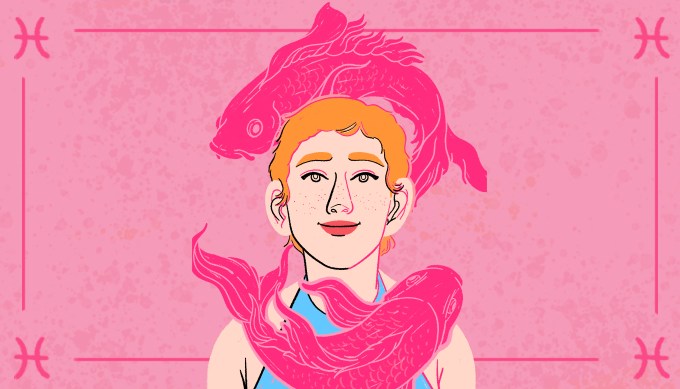 Cheeky illustration of a gender-fluid white person with short-cropped orange hair. They're wearing a light blue halter top as two bright pink koi fish circle their head.