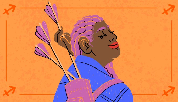 Cheeky illustration of a Black woman with purple hair on an orange background. She's in a wearing jean jacket, with a quiver strapped across her back and arrows sticking out.