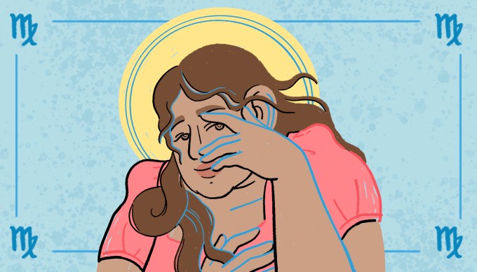 Cheeky illustration with a light blue background of a woman wearing a coral shirt coyly poking out from behind her hands.