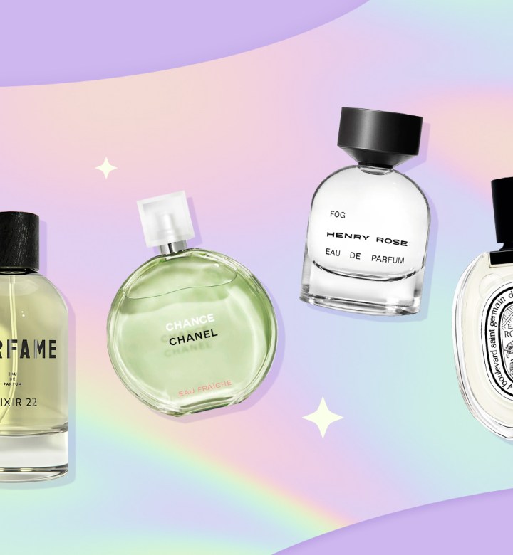 bedtime-perfume-trend: collage of different perfume bottles featured in the article in front of a dreamy, multi-colored background with some twinkling stars.