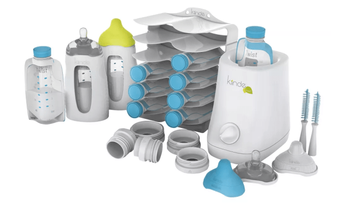 kiinde gift set featuring bottles, pouches, storage rack and bottle warmer