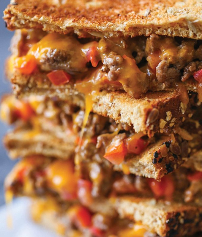 best burger recipes: stack of cheeseburger grilled cheeses