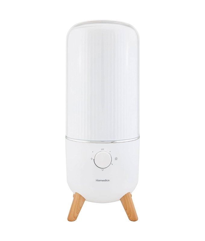 best-gardening-gifts: A white humidifier with wooden brown legs in front of a white background.