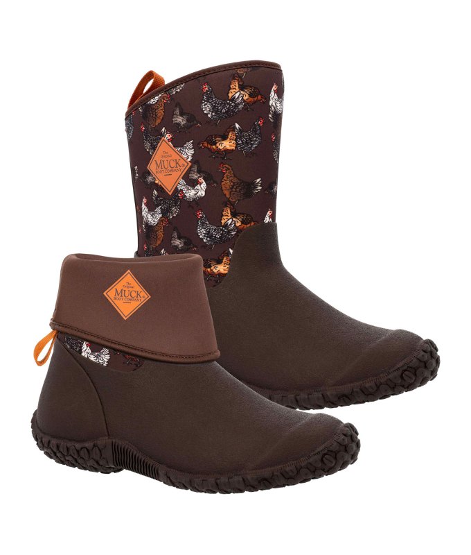 best-gardening-gifts: A pair of brown gardening boots with a chicken pattern on them in front of a white background. One shoe demonstrates that you can wear them folded over.