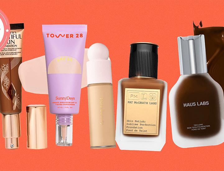 a collage of lightweight foundations with orange collage