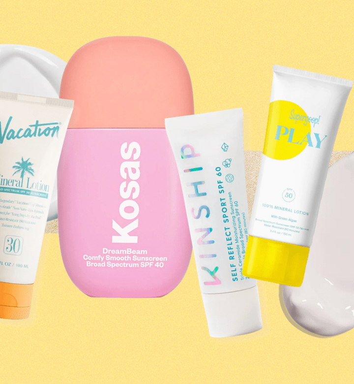 a collage of the best mineral sunscreens on a pink background