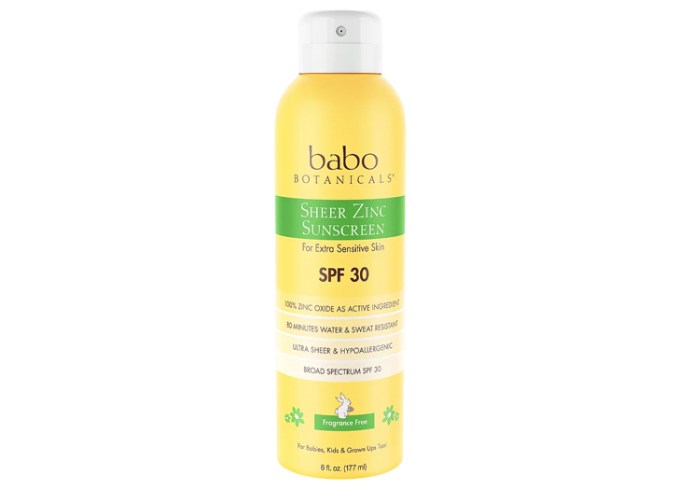 best-spray-sunscreen-babo-botanicals-sheer-non-nano-zinc-continuous-spray-spf-30: a bottle of spray sunscreen