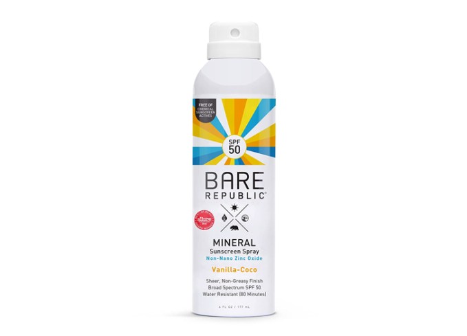best-spray-sunscreen-bare-republic-mineral-sunscreen-spray: a bottle of spray sunscreen
