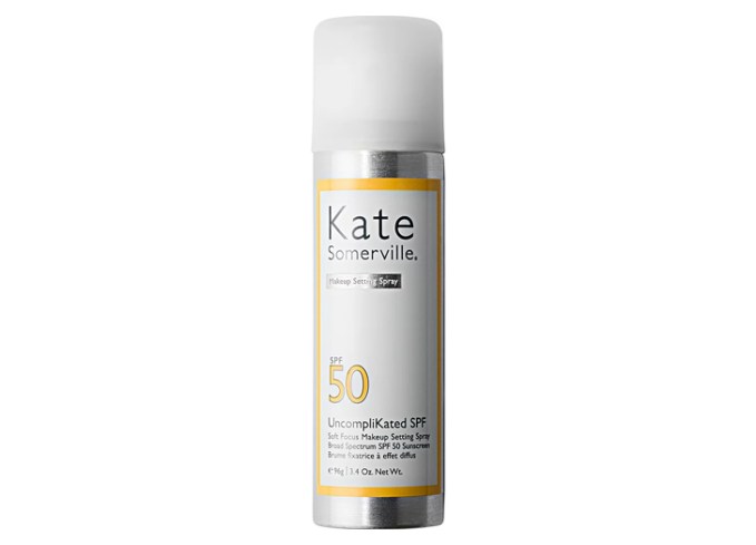 best-spray-sunscreen-kate-somerville-uncomplikated-spf-soft-focus-makeup-setting-spray-broad-spectrum-spf-50-sunscreen: a bottle of spray sunscreen