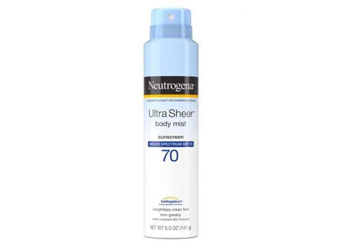best-spray-sunscreen-neutrogena-ultra-sheer-body-mist-sunscreen-spf-70: a bottle of spray sunscreen