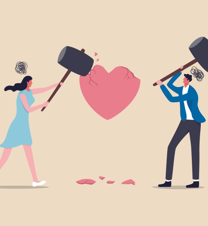 Illustration of a separated couple hammering away at a heart.