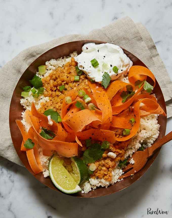 easy dinner recipes for beginners cauliflower rice bowl curried lentils carrots yogurt recipe lunch ideas