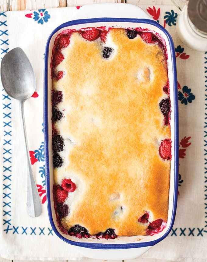 fun things to bake: loaf pan of blackberry-raspberry skillet cobbler