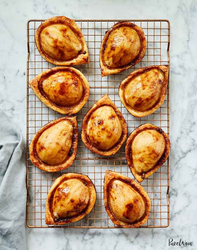 fun things to bake: nine brown sugar pear puff pastries on a cooling rack