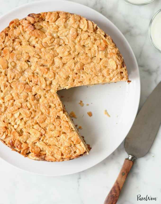 fun things to bake: aerial of caramel almond cake with a wedge missing