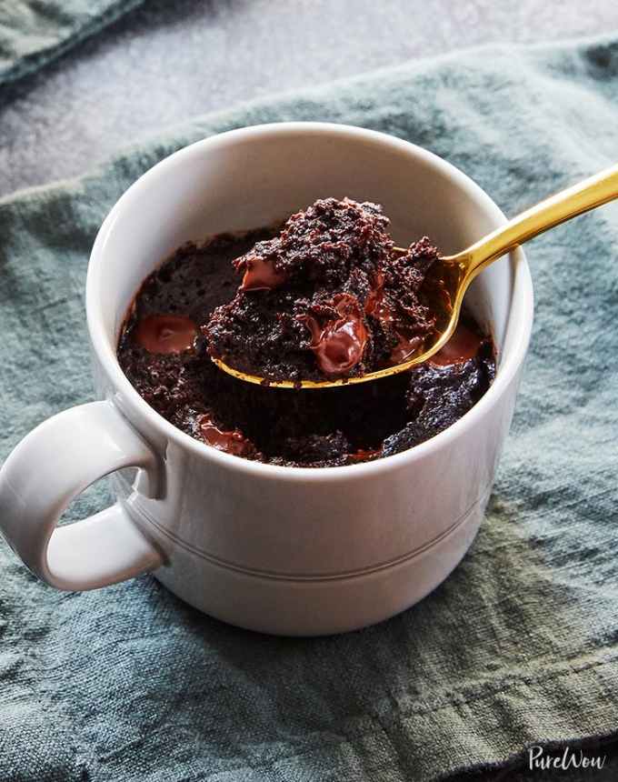 fun things to bake: mug chocolate chip brownie with a spoon