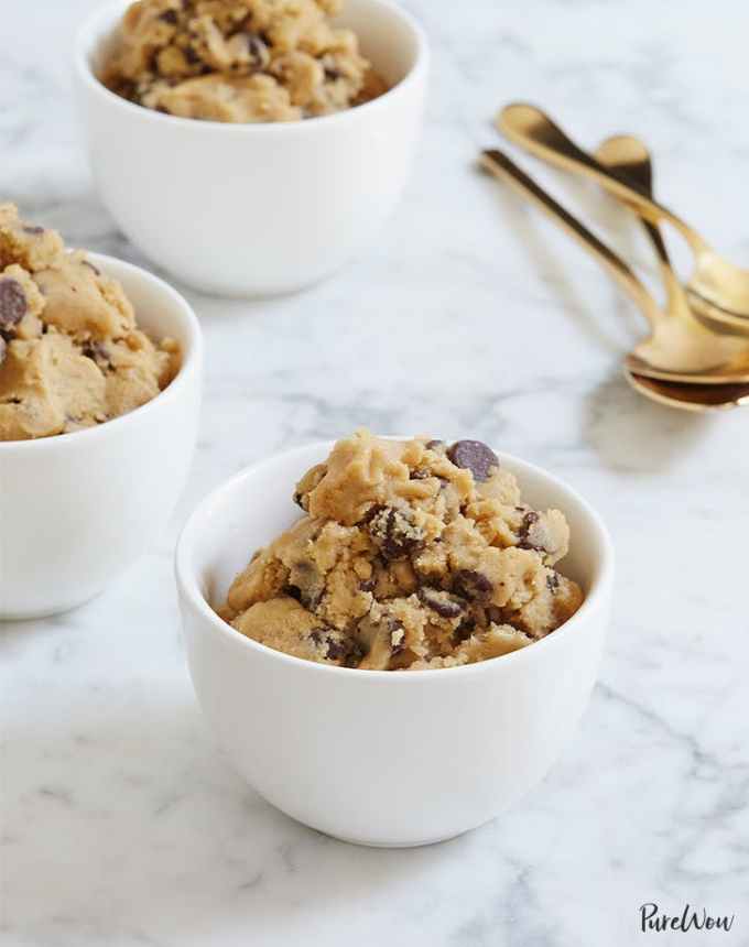 fun things to bake: three bowls of eggless edible cookie dough next to spoons
