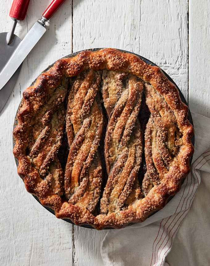 fun things to bake: aerial of cherry ginger pie topped with braided crust