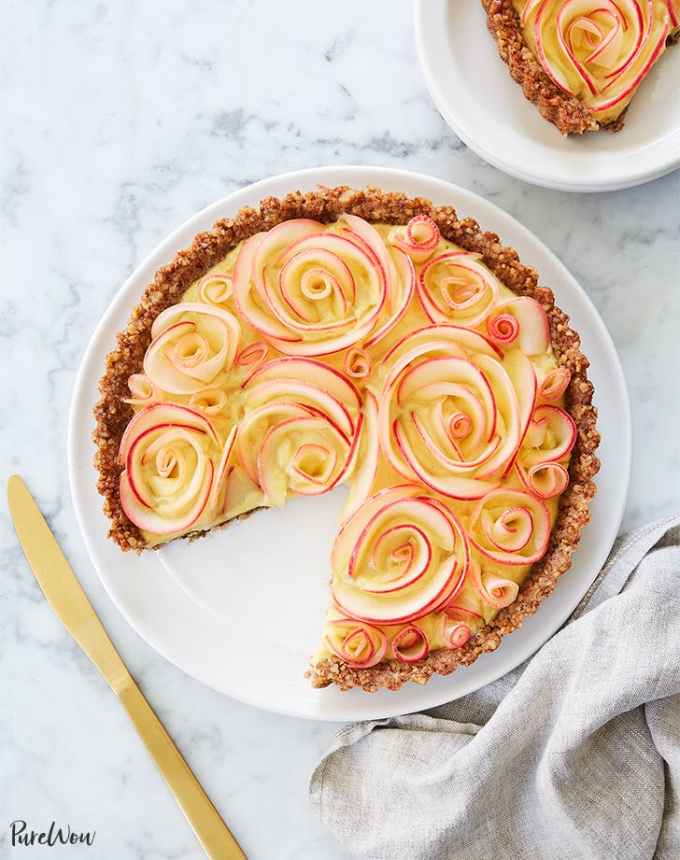 fun things to bake: aerial of a gluten-free apple rose tart with a slice missing