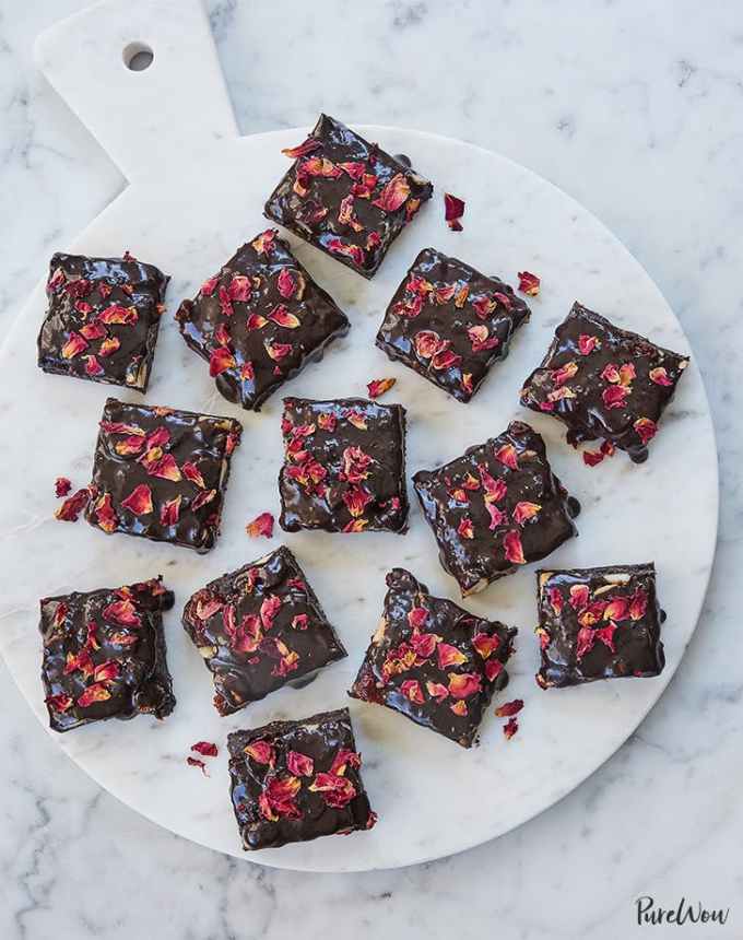 fun things to bake: aerial of no-bake, gluten-free rose petal brownies on a serving platter