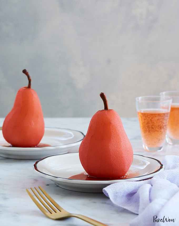 fun things to bake: two rosé-poached pears on plates