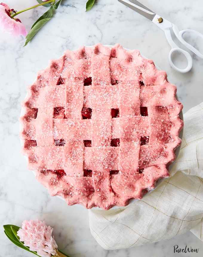 fun things to bake: aerial of strawberry pie with strawberry lattice crust