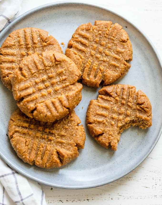fun things to bake: a plate of five three-ingredient peanut butter cookies