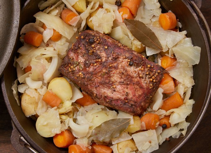 how to make corned beef for st. patrick's day: seasoned brisket for corned beef with cabbage and carrots