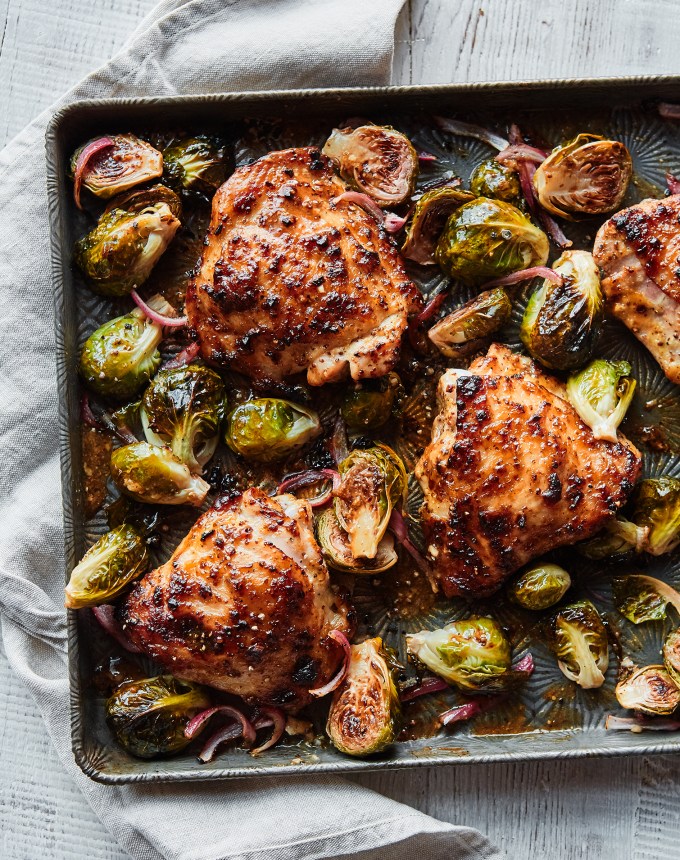 low carb meal plan: honey mustard sheet pan chicken with brussels sprouts