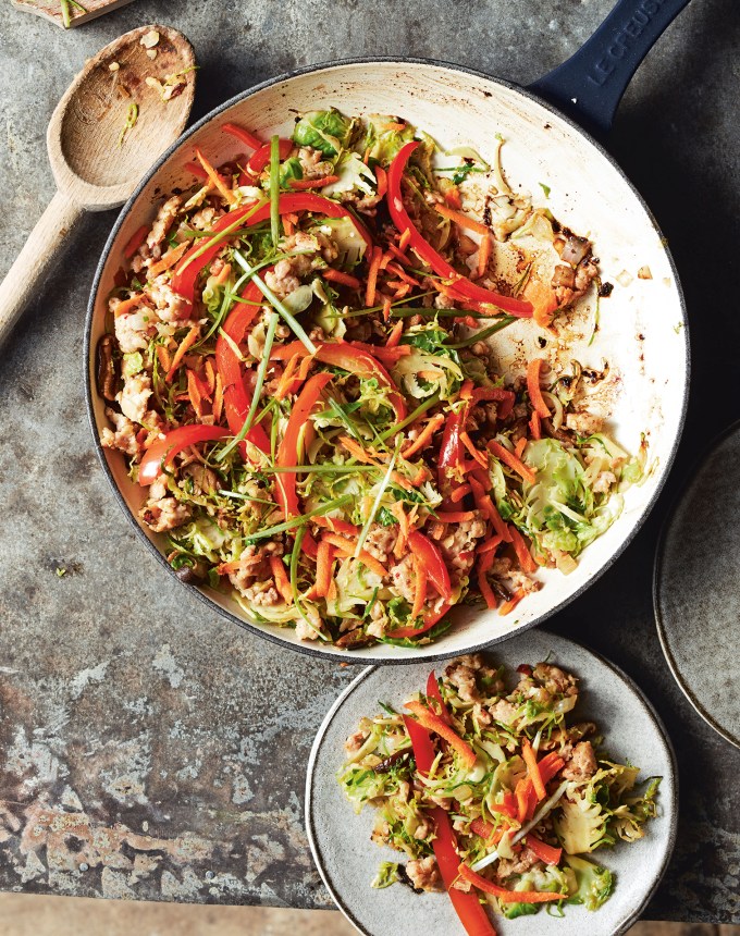 low carb meal plan: spicy stir fried chicken and shredded brussels sprouts