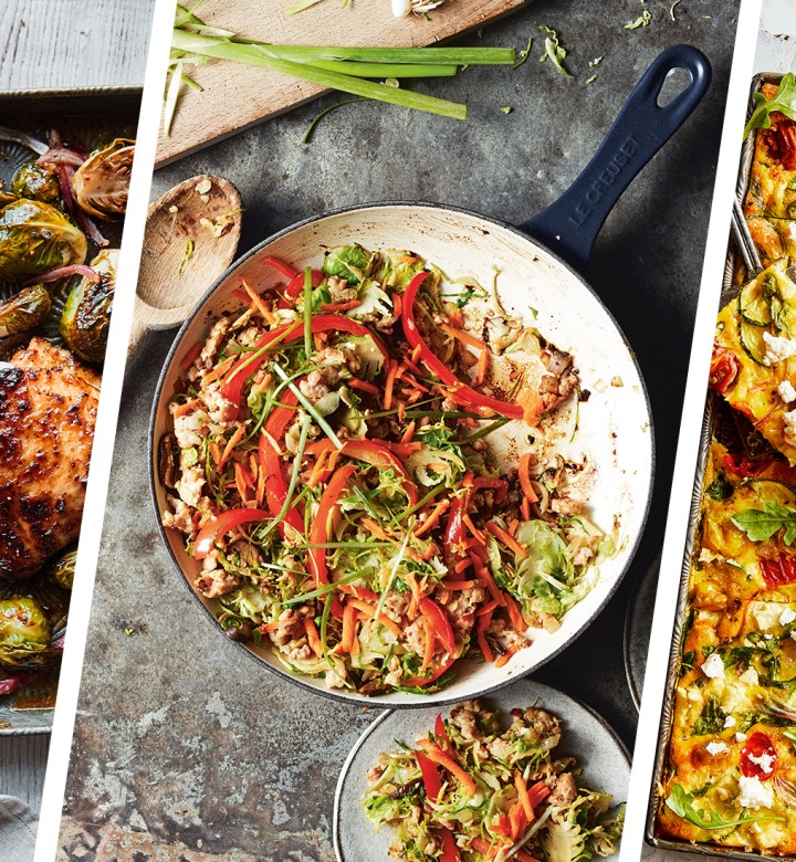 low carb meal plan: triptych image of honey mustard chicken, stir fried chicken and brussels sprouts and mediterranean sheet pan eggs