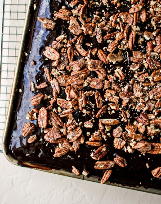 st patrick's day desserts: guinness sheet cake with candied pecans