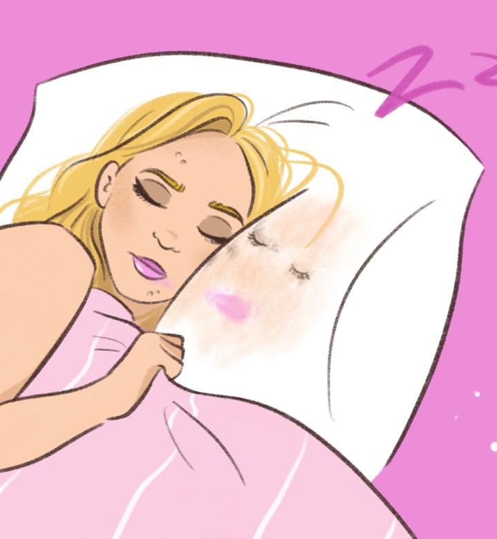 What Happens to Your Skin When You Sleep with Makeup On? Universal Image: an illustration of a woman sleeping with makeup on her face and pillow